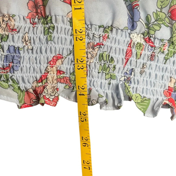 Nanette Lepore Blue Floral Bird Sheer Blouse Large Business Casual Elastic Waist - Picture 10 of 10